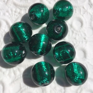 Vintage Japanese Lampwork Glass Foil Beads -- 14 mm  rounds -- Emerald Green (4)