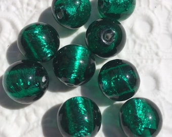 Vintage Japanese Lampwork Glass Foil Beads -- 14 mm  rounds -- Emerald Green (4)