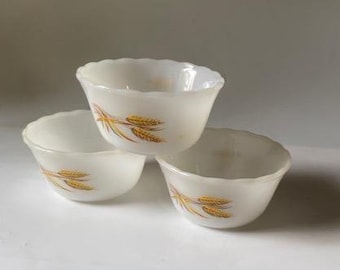 Set of 3 vintage Anchor Hocking Fire King GOLDEN WHEAT 4" custard cups tiny bowls ramekins 1960s