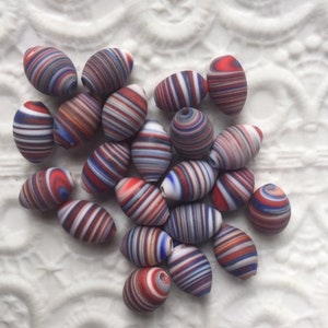 Vintage Japanese Glass Beads -- 7 by 12 mm footballs -- Red, White & Blue swirls (12)