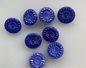 Vintage Czech Glass Buttons -- 3/4" Iridescent Blue Florals (7)