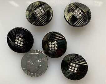 Vintage Czech Glass Buttons -- 7/8" Black with Rhinestone Centers (5)