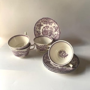 Clarice Cliff TONQUIN Mulberry Teacups Cups & Saucers transferware Royal Staffordshire Made in England