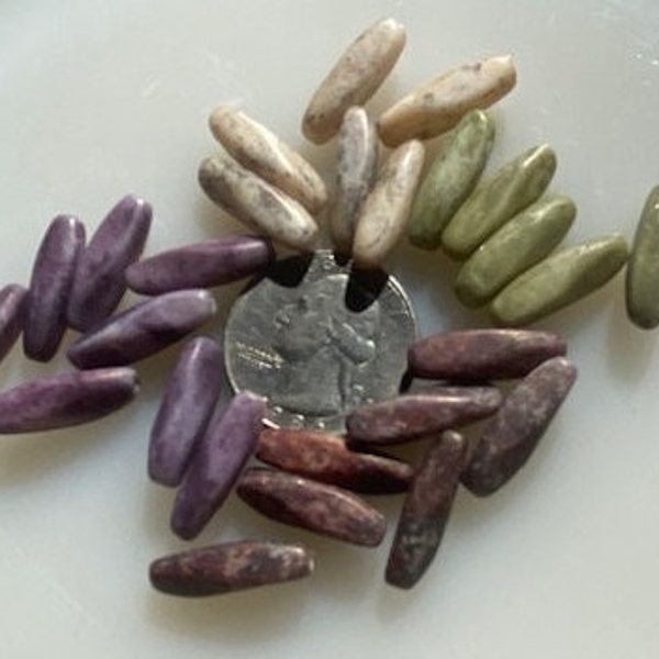 Vintage Japanese Picasso Glass Beads -- 5 by 20 mm Tubes with a Twist -- Olive, Plum Russet, Sandstone (8)