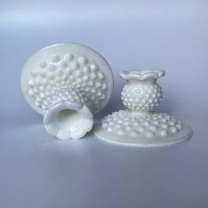 Pair of Fenton Hobnail Milk Glass Candleholders