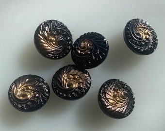 Vintage Czech Glass buttons -- 3/4" Black & Gold Swirls (6)