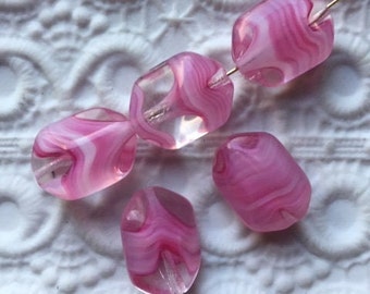 Vintage Czech Glass Beads -- 13 by 17 mm hexagons--  Deep Pink Givre (5)