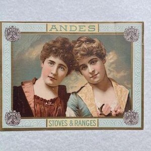 Vintage bunte viktorianische Handelskarte Frauen Damen ANDES Öfen & RANGES Öfen Genf Romulus NY