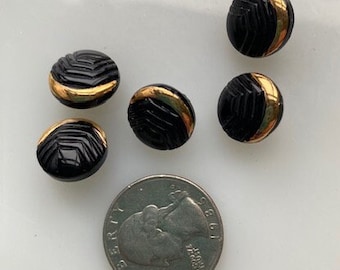 Vintage Czech Glass Buttons -- 1/2" Black and Gold Crescent Moons (5)