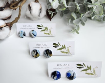 Winter Marble | Blue, Black, White stud earrings | Individual vs pack, Homemade polymer Clay, Hypoallergenic