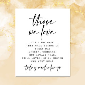 These We Love Don't Go Away, moderne minimalistische uitvaartborden, gedenktafelbord, herdenkingsspreuken, begrafenisgedichten, begrafeniscitaten
