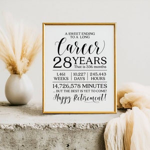 Une belle fin de carrière, 28 ans de cadeau de retraite, cadeaux de retraite, impressions de cadeau de collègue, imprimables retraite, fête de départ à la retraite