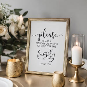 Partagez un souvenir ou des mots d'amour pour la famille, panneaux de service commémoratif, panneau de décoration funéraire, panneau de livre d'or souvenir, impression célébration de la vie