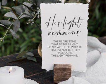 His Light Remains, Funeral Sayings, Minimalist Memorial Signs, Funeral Service Printables, Memorial Quotes, Instant Download, Funeral Poem