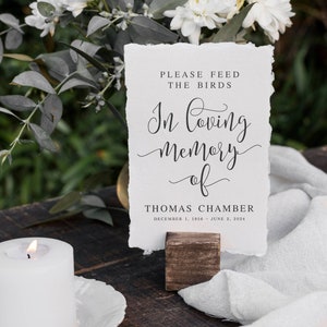 Por favor, alimente os pássaros em memória de, placas funerárias modernas e minimalistas, placa de mesa de memórias, placa funerária, placas memoriais, impressões memoriais