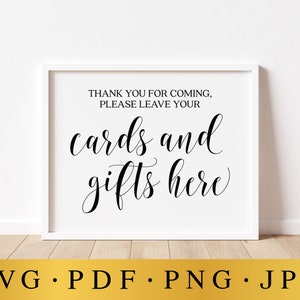Gracias por venir. Deje sus tarjetas y regalos aquí. Letrero SVG para boda. Señalización para boda. Letrero para mesa con tarjetas y regalos. Decoración para boda.