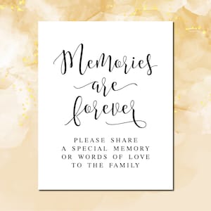 Erinnerungen sind für immer, bitte teilen Sie eine Erinnerung oder Worte der Liebe an die Familie, Gedenkschilder, Erinnerungs-Gästebuch, Erinnerungstischschild