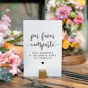 Spaans gedenkteken, Por Favor Comparte Una Memoria O Palabras Para La Familia, Share A Memory For The Family, bord begrafenis gastenboek