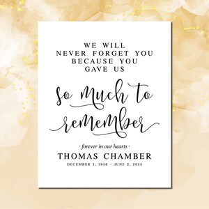 May include: A white printable memorial card with black text. The text reads "We will never forget you because you gave us so much to remember. Forever in our hearts. Thomas Chamber December 1, 1956 - June 2, 2025"