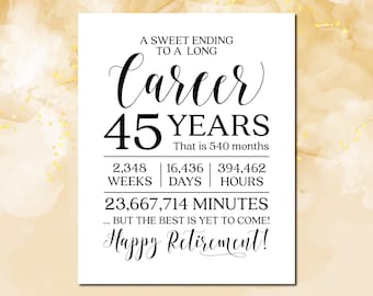 May include: Black and white text on a white background. The text reads "A sweet ending to a long career 45 years. That is 540 months. 2,348 weeks | 16,436 days | 394,462 hours. 23,667,714 minutes... But the best is yet to come! Happy Retirement!"