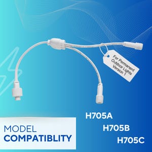 Puede incluir: Conector de luz exterior blanco con el texto "For Permanent Outdoor Lights Version 1". Diseñado para iluminación exterior, compatible con los modelos H705A, H705B y H705C. Fondo azul degradado.