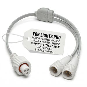 May include: A gray 3-pin Y splitter cable for lights. The cable has a white tag that reads "FOR LIGHTS PRO" and lists model numbers. The cable is designed to provide a stable signal with no flicker.