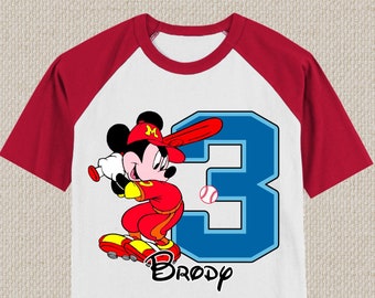 Camiseta de cumpleaños de Mickey Mouse de béisbol. Tallas para bebé, niño pequeño, joven y adulto. N.° 1224