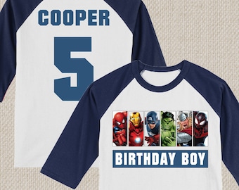 Avengers Superhero Birthday Shirt. T-Shirts and 3/4 Sleeve Raglans. Baby, Toddler, Youth & Adult Sizes.