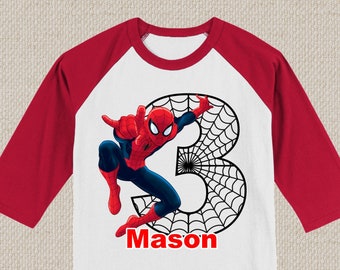 Spiderman Avengers Superhero Birthday Shirt. T-Shirts, Short and 3/4 Sleeve Raglans. Baby, Toddler, Youth & Adult Sizes.