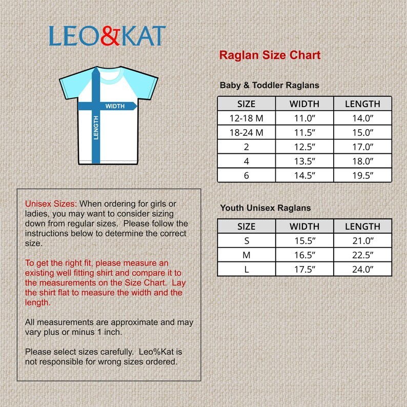 May include: Raglan Size Chart for baby and toddler clothing, with measurements in inches. The chart includes sizes from 12-18 months to size 6.  A separate chart shows youth unisex sizes from S to L, with measurements in inches.