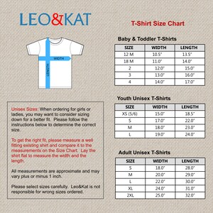 May include: T-shirt size chart for babies, toddlers, youth, and adults. The chart shows the size, width, and length measurements in inches.