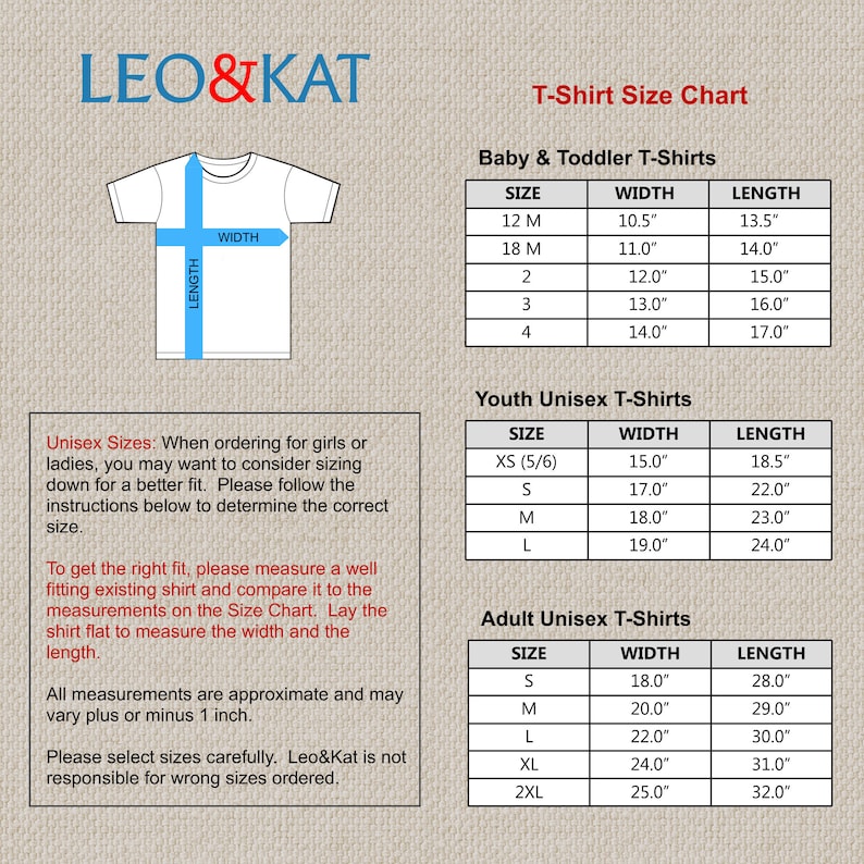 May include: T-shirt size chart for babies, toddlers, youth, and adults. The chart shows the size, width, and length measurements in inches.