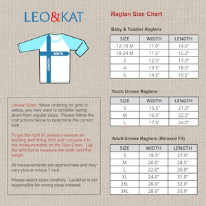 Peut inclure: Tableau des tailles de raglan pour b&eacute;b&eacute;s, enfants, jeunes et adultes unisexes. Le tableau indique les mesures de largeur et de longueur en pouces pour chaque taille.