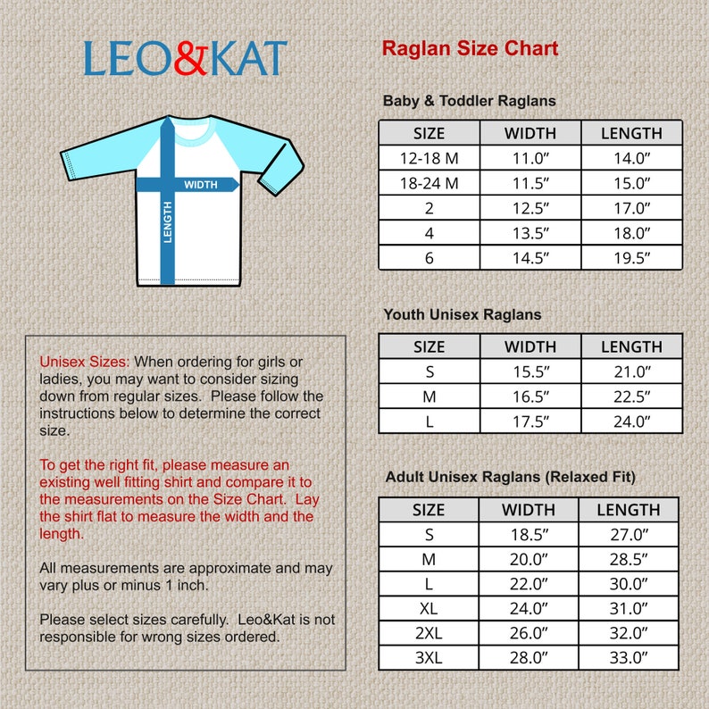 Peut inclure: Tableau des tailles de raglan pour b&eacute;b&eacute;s, enfants, jeunes et adultes unisexes. Le tableau indique les mesures de largeur et de longueur en pouces pour chaque taille.