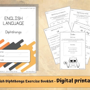 Puede incluir: Un libro de trabajo de inglés en blanco y negro para los grados 1 y 2. La portada presenta el título "English Language Diphthongs" y tiene un diseño colorido. El libro de trabajo incluye actividades como búsquedas de palabras, páginas para colorear y ejercicios de completar los espacios en blanco.