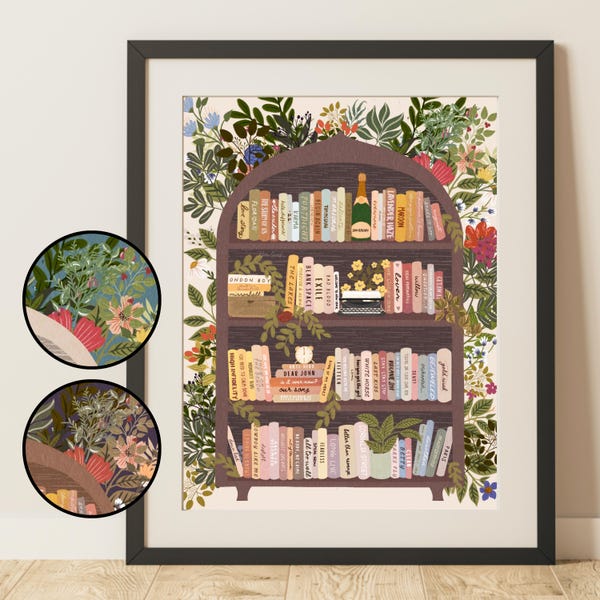 Impresión artística sutil de Tswift // Estantería floral con títulos de canciones