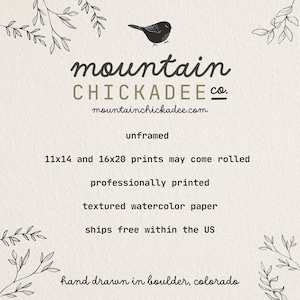 May include: A black and white illustration of a bird with the text "mountain CHICKADEE Co. mountainchickadee.com" below it. The text "unframed 11x14 and 16x20 prints may come rolled professionally printed textured watercolor paper ships free within the US hand drawn in boulder, colorado" is below the illustration.