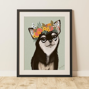 chihuahua art print || flower crown pet portrait