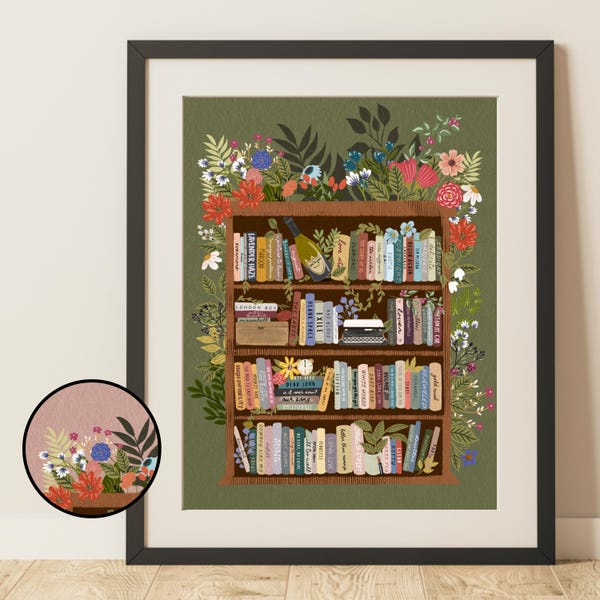Impresión artística sutil de Tswift // Estantería floral con títulos de canciones