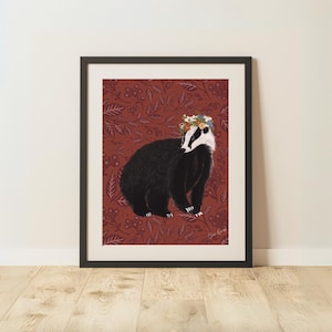 badger art print || botanical flower crown
