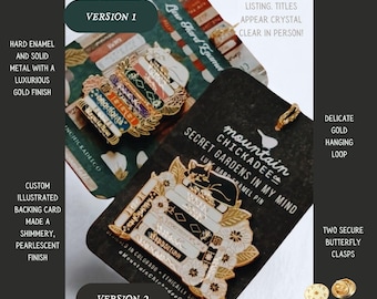 May include: Two hard enamel pins with a luxurious gold finish, featuring a stack of books design. One pin has colorful book spines, the other has white and gold. Each pin has a delicate gold hanging loop and two secure butterfly clasps.