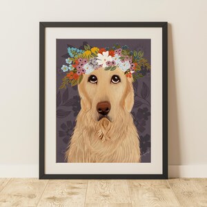 golden retriever art print || flower crown pet portrait