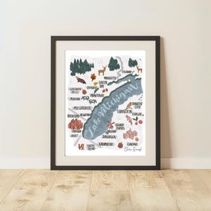 Carte illustrée du lac michigan dessinée à la main, midwest, wisconsin, illinois, impression jet d'encre 8 x 10