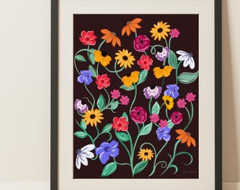 May include: A framed floral art print featuring a vibrant arrangement of colorful flowers. The artwork showcases a variety of blooms in shades of red, yellow, purple, and orange against a dark brown background. The print is enclosed in a black frame.