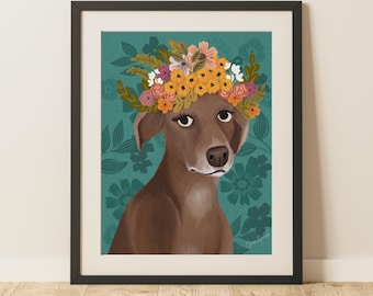 weimaraner vizsla art print || flower crown pet portrait
