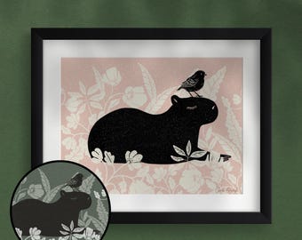 capybara art print || linocut style with bird and flowers