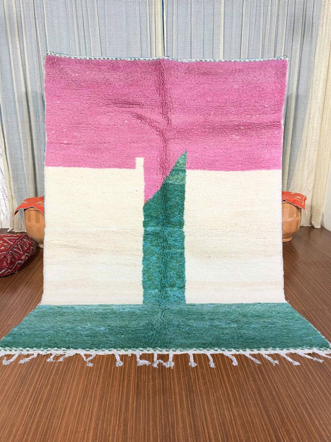 Custom Wool Rug Handwoven Green & Pink Rug Moroccan Green Etsy
