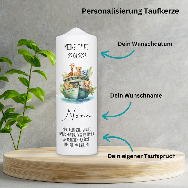 Taufkerze mit Taufspruch Arche Noah Taufkerze mit Patenkerzen / Geschenk zur Taufe / Kerze zur Taufe / TK002 Taufkerze 25x8cm