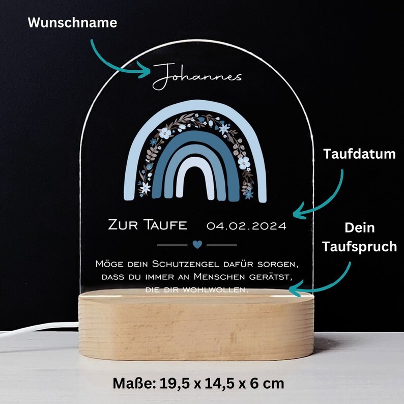 Taufgeschenk-Nachtlicht personalisiert Regenbogen Blau / Geschenke zur Taufe / Nachtlicht für Kinder / Geschenk Taufe Patenkind / NL074 Mit Taufspruch