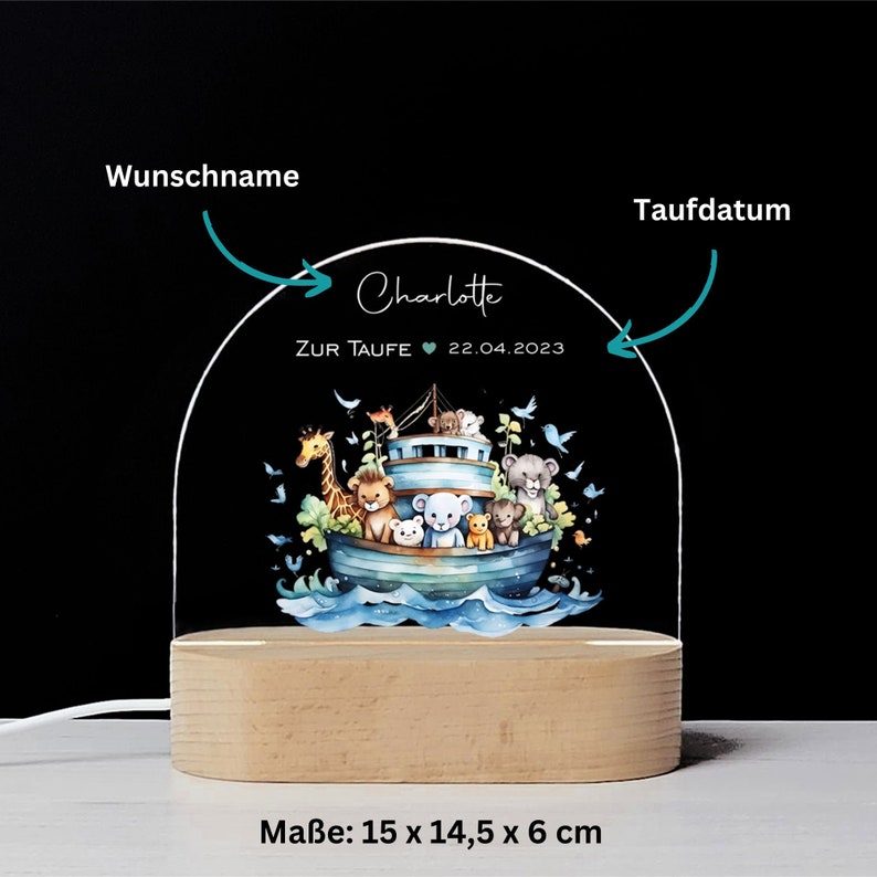 Taufgeschenk Arche Noah-Nachtlicht personalisiert // Geschenke zur Taufe // Nachtlicht für Kinder // Geschenk Taufe Patenkind // NL058 Bild 3